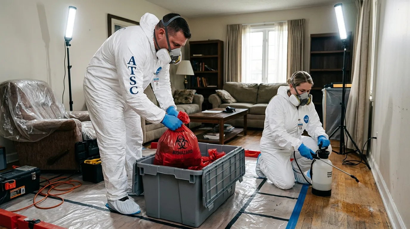 Professional Biohazard Cleanup technician in full PPE working in Avon Lake